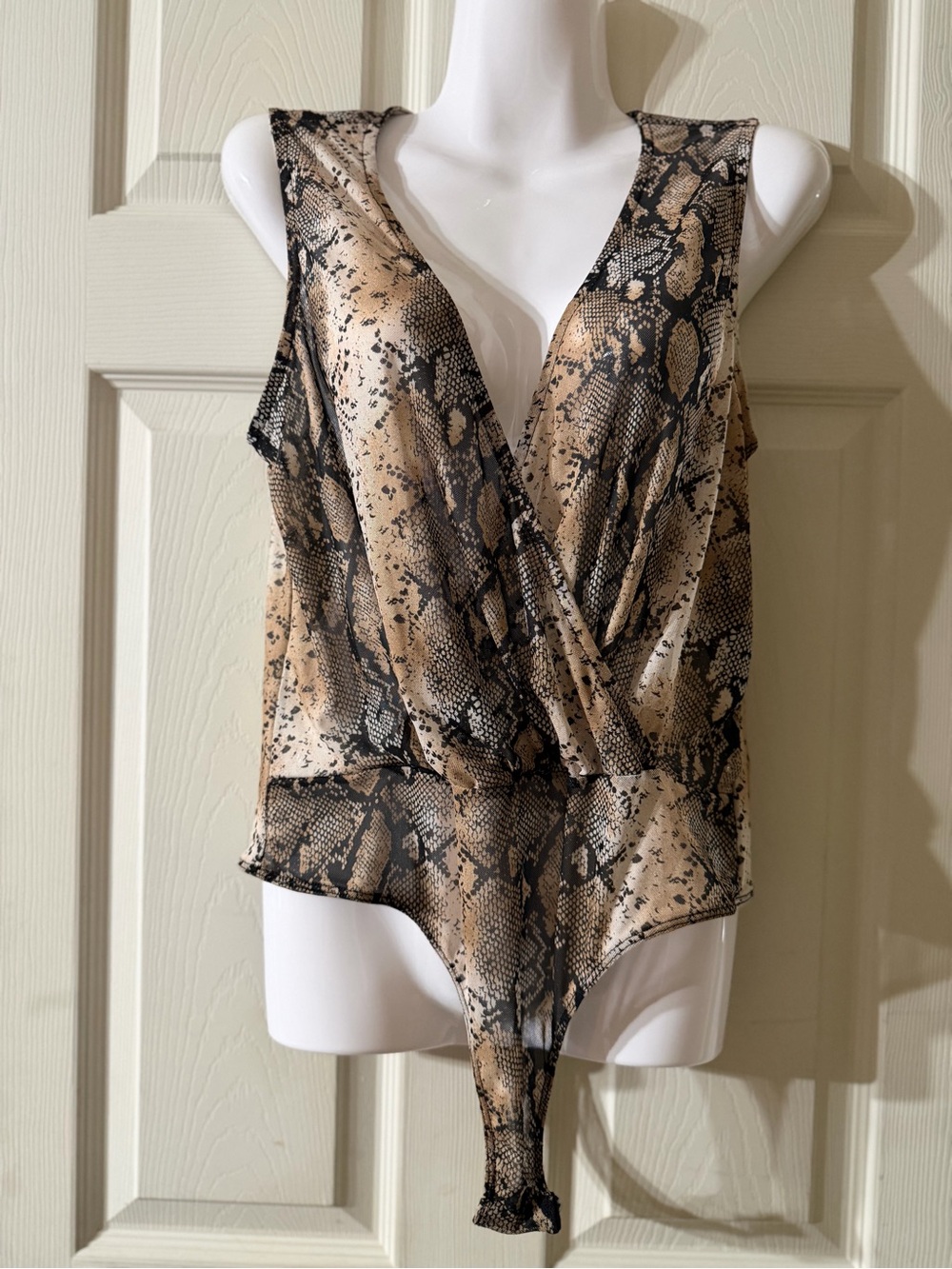 Fashion Nova Tan and Black Snake-Print Wrap Bodysuit
